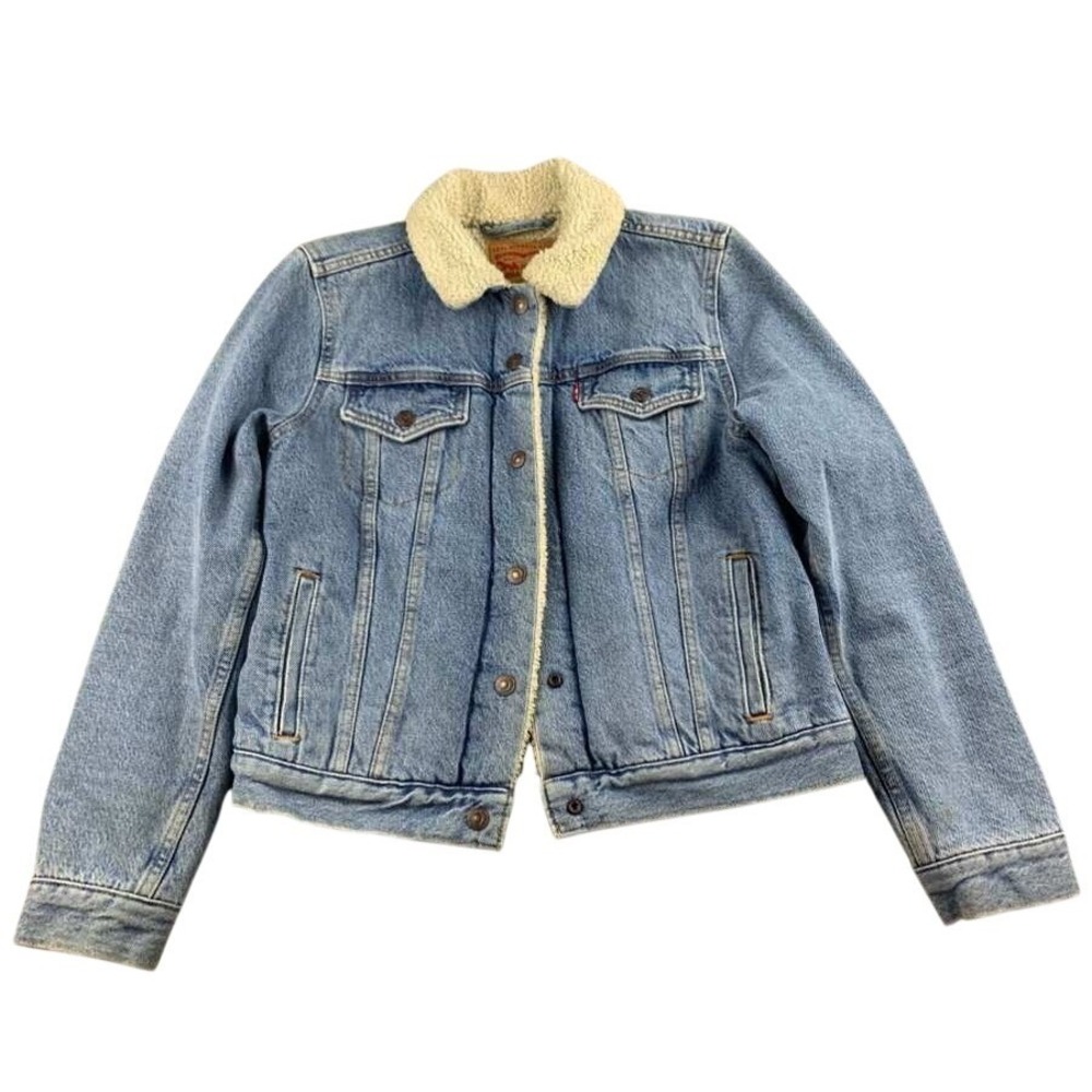 Levi's Sherpa Trucker Jacket Women Small Blue Denim Pockets Sherpa Lined Button